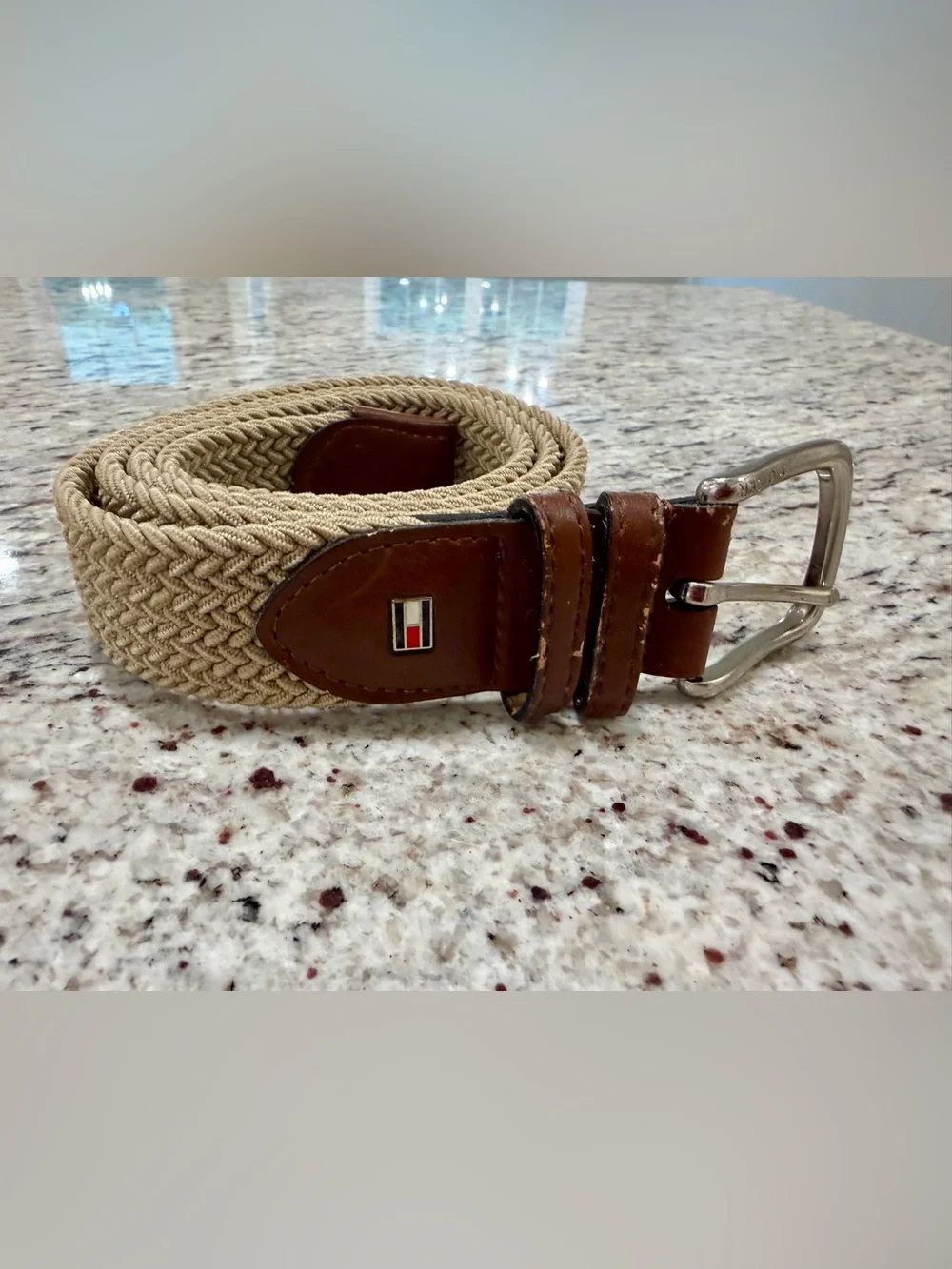 Vtg Y2K Tommy Hilfiger Mens 36-38 Braided Stretch Belt Khaki Brown Leather Logo